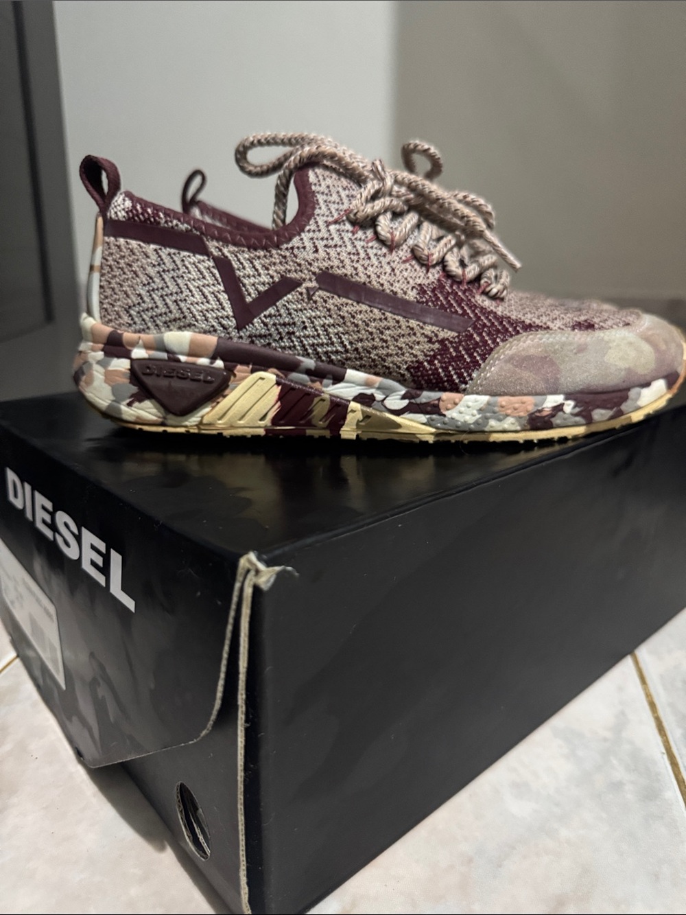 Diesel Burgundy Knit Sneaker with Multicolor Camo Sole